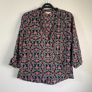 Tulle Womens Floral Top 3/4 Sleeve V Neck Black Rose Blouse Size L